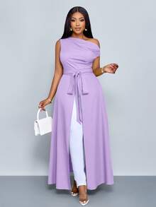SOLERSUN Women's Plus Size Asymmetrical Neck Blouse Split Thigh Tie Front One Shoulder Shirts - Purple - View 6