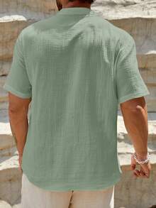HIMLAND Loose Fit Men's Solid Half Button Shirt Plain Shirt For Men Mens Summer Holiday Clothes Mens Shirts Casual Linen Outfits For Men Beach Outfit For Men Top - Mint Green - View 3