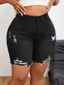 SHEIN SXY 大码女式做旧口袋纽扣休闲百搭日常牛仔短裤 - 黑色 - 查看 5