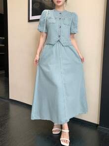 DAZY 女士休闲水洗口袋花瓣袖衬衫和牛仔裙两件套，春夏款 - 中等水洗藍 - 查看 7