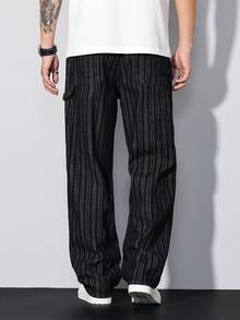 Manfinity Homme Quần jean denim jacquard kẻ sọc đen dành cho nam, kiểu dáng rộng rãi, ống quần. - màu đen - Xem 2