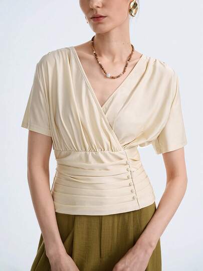 Aalyst Women's Fashion V-Neck Criss-Cross Ruched Pearl Decor Romantic Elegant Casual Commute Date Party Dinner T-Shirt, Spring/Summer