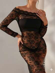 Off Shoulder Lace Sexy Lingerie Dress  Cozy And Elegant Details - Black - View 3