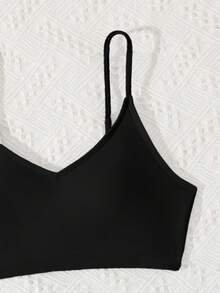 SHEIN Teen Girls Bikini Sets,Black Solid Knit Two Pieces Swimwear With Adjustable Straps,V-Neck Modest High Waist Bathing Suits For Summer,Beach,Holiday - Black - View 4
