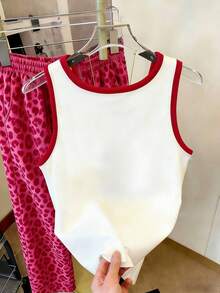 Camiseta de tirantes sin mangas con estampado de cerezas y bloques de color para mujer - Blanco - Ver 2