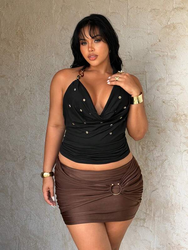 Rustia Plus Size Plunging Neckline Decorated Shell Button Elegant Retro Vacation Street Casual Party Women Camisole