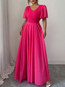 Elenzga Váy chữ A cổ chữ V tay bèo nhún bằng vải voan cỡ lớn dành cho nữ, đơn giản, thanh lịch, lãng mạn, duyên dáng, bồng bềnh - Màu Hồng Tươi - Xem 6