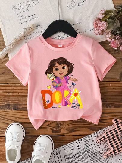 DORA | SHEIN DORA X Girls' Casual Graphic Short Sleeve T-Shirt, Suitable For Summer
