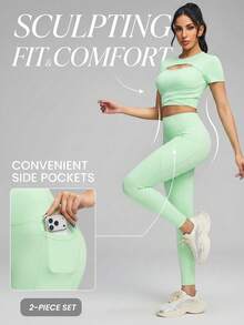 Innovista Women's Neon Green Solid Hollow-Out Design Short Sleeve Top And Leggings Tennis Outfit - Green - View 5