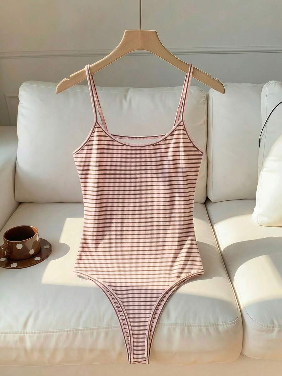 Comfortcana 女士性感粉棕条纹露背连体衣，夏季 - 彩色 - 查看 1