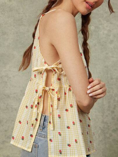 WESTFADE Gingham & Strawberry Embroidered Tie Side Babydoll Top Spring, Summer, Resort Wear, Cute Tank Top, Casual, Coastal Cowgirl, Boho, Farmers Market, Vacation, Beach, Butter Yellow, Festival, Western Wear