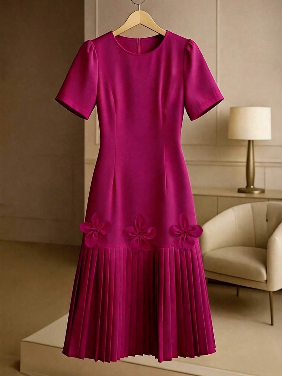 GlowEve CURVE Plus Size Women Round Neck 3D Floral Decor Pleated Elegant Dress, Suitable For Summer - Purple - View 1