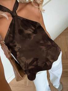 SHEIN EZwear 休闲简约度假波西米亚风优雅浪漫复古棕色扎染水彩印花上衣，适合音乐节、海滩装扮、度假穿着、夏季女装 - 彩色 - 查看 4