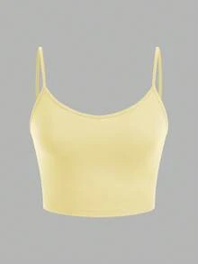 SHEIN EZwear 3件套女士黑色、黄色、白色露脐休闲吊带背心，适合夏季穿着，内置胸罩，3件装露脐背心，夏季上衣 - 彩色 - 查看 10