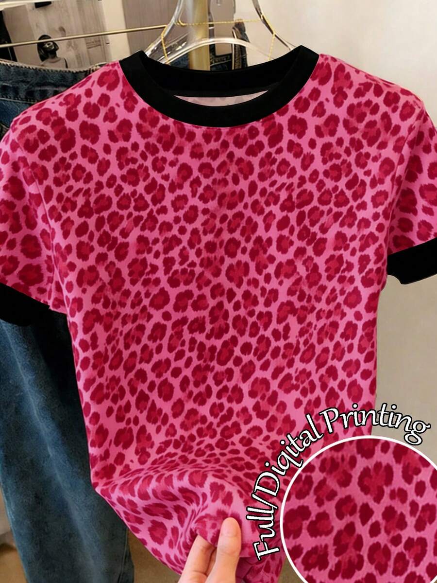 Resyla Regular Fit Round Neck Raglan Sleeve Leopard Print Contrast Trim Short Sleeve T-Shirt - Hot Pink - View 1