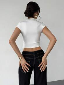 Franclia Women's Solid Color Zip-Up Collar Short Sleeve Casual T-Shirt,All White Summer Everyday Casual Top,Modern Racer Top - White - View 2