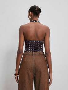 ATUI Studio Women's Polka Dot Halter Neck Ruched Bodysuit, Fashionable & Versatile - Brown - View 2