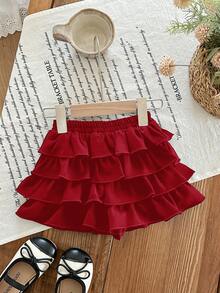 Babygirl Summer Cute Casual Versatile Black Ruffle Elastic Waist Mini Skirt - Red - View 6