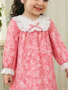 LMoss Kids 女婴春夏休闲蕾丝边碎花长袖连衣裙，粉色 - 彩色 - 查看 3