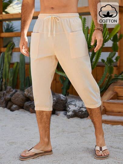 VENTUSAIL Men's Casual Khaki Capri Pants, Versatile For All Seasons, Suitable For Outings, Leisure, And Daily Wear, Great For Photos, Perfect Gift For Boyfriend/Husband,Men Old Money,Daily Leisure, Weekend Trips, Outdoor Activities, Travel Expeditions, Relaxed Work Environments Or Semi-Formal Occasions, Boyfriend/Husband Gift, Anniversary /Birthday Gift Party Summer Vacation Holiday,Wedding,Spring To Summer,Easter,Y2k,Vintage,Mens  Blend Drawstring Cropped Pants Casual Drawstring Trousers With Pockets For Summer Beachwear,Men Capri Pant,Men Summer Pants,Men Beach Pants,Men Vacation Pants,Harem Pants Men