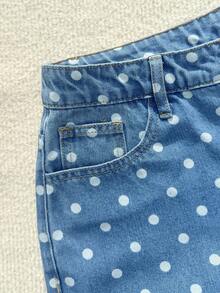 Comfortcana 女士波点图案口袋宽松休闲百搭牛仔裤 - 藍色 - 查看 6