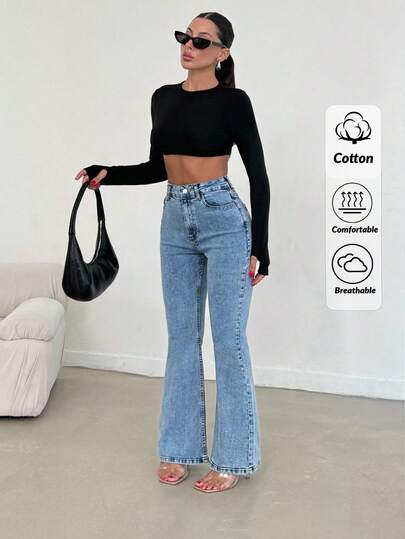 SHEIN Petite Size, 98% Cotton High Waist Snow Wash Flare Jean