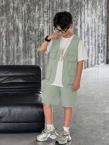 3pcs/Set Teen Boy Vest With 3D Pockets, Letter Print T-Shirt And Shorts - Green - View 1