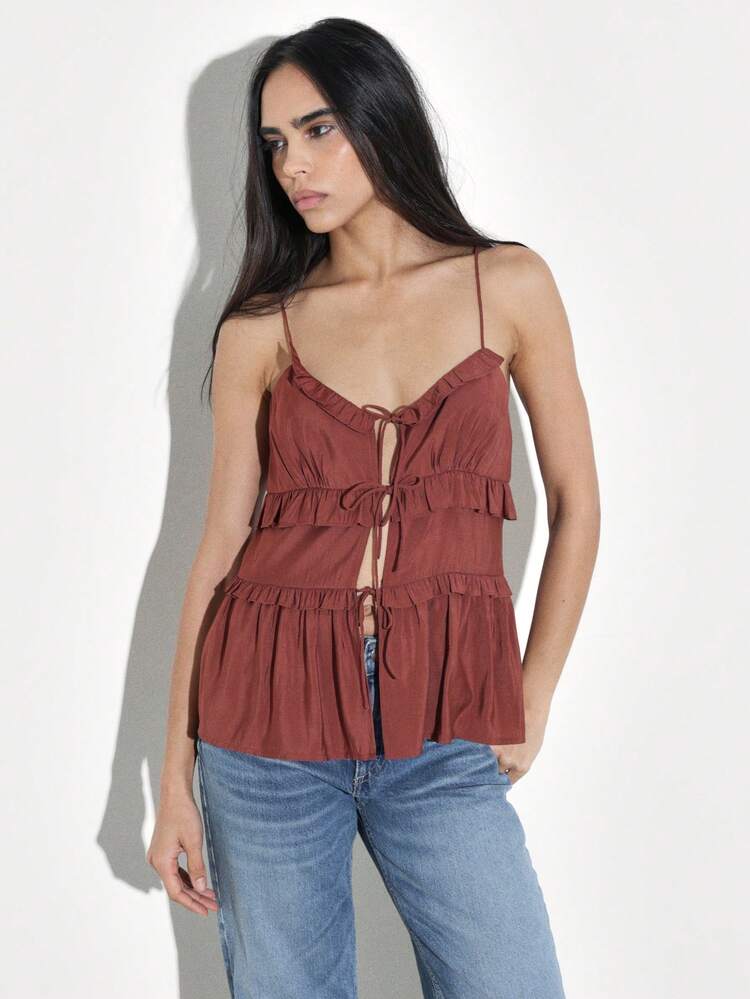 KSTM Women's Rust Tiered Ruffle Cami Top With Tie Front Closure And Thin Straps For Casual Summer Outings