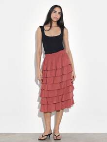 KSTM Falda midi con volantes de cintura alta con cintura elástica, con capas, fluida, de estilo femenino para primavera y verano - Naranja - Ver 3