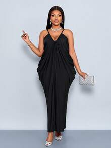 SOLERSUN Große Größen Frühling/Sommer Neuankömmling, hochelastisches, glänzendes Einfarbig gestricktes Kleid mit tiefem V-Ausschnitt, verstellbaren Trägern, kokonfömigen O-förmigen Falten, langes Kleid geeignet für den Alltag, Lässig-Zusammenkünfte, Dates, Valentinstag, Cocktailpartys, Abschlussfeiern, Reisen, Strandurlaub, Silvester, Musikfestivals, Karnevals, Hochzeitssaison und Gästeoutfits. Sexy, elegant, schlicht und modisch Damenbekleidung. - Schwarz - Übersicht 3