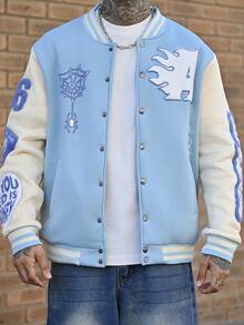 Devon Thys Manfinity Streetrush Men's Patchwork Thermal Lined Baseball Jacket, Long Sleeve Sky Blue Varsity Jacket, Men's Letterman Jacket, Fall Winter - Baby Blue - View 3