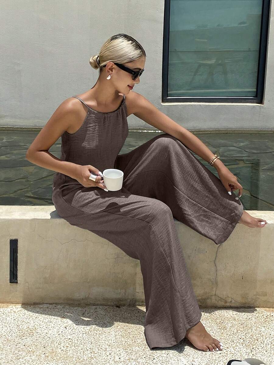 Dazy Tall Tall Women's Summer Halter Tie Loose Jumpsuit - Khaki - View 1