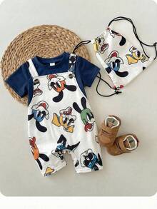 SHEIN Bộ áo liền quần tay ngắn in hình động vật hoạt hình dễ thương, thoải mái cho bé trai, phối màu, thích hợp mặc trong nhà, ngoài trời, hàng ngày, thể thao, vui chơi, dự tiệc, chụp ảnh, kỳ nghỉ, lễ hội, mùa xuân/hè. - Nhiều màu - Xem 2