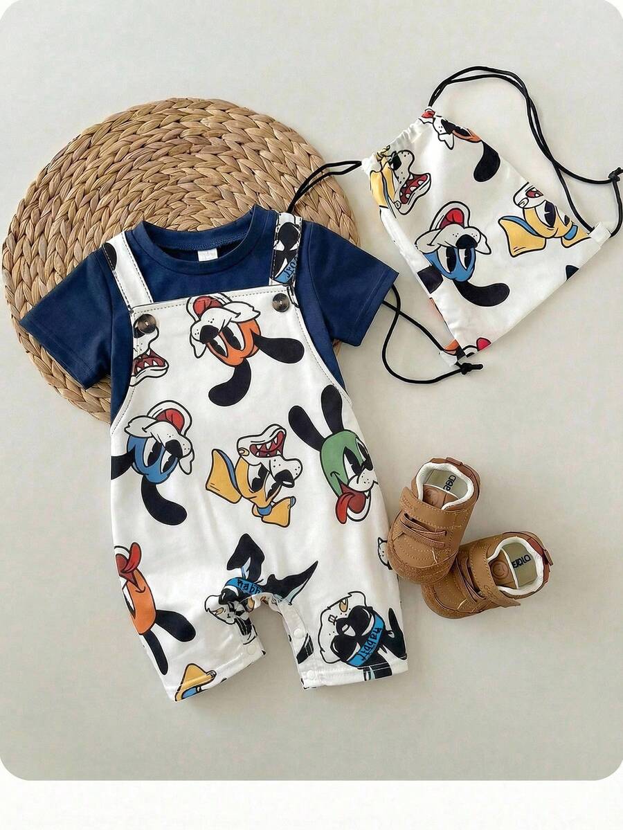 SHEIN Bộ áo liền quần tay ngắn in hình động vật hoạt hình dễ thương, thoải mái cho bé trai, phối màu, thích hợp mặc trong nhà, ngoài trời, hàng ngày, thể thao, vui chơi, dự tiệc, chụp ảnh, kỳ nghỉ, lễ hội, mùa xuân/hè.