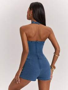 SHEIN BAE Women's Fashion Blue Halter Backless Denim Jumpsuit - Medium Wash - View 2