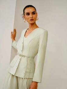 ZEYLAH Áo khoác thanh lịch bằng vải lanh, cổ tròn, có thắt lưng, thích hợp cho mùa xuân/hè. - Màu xanh Bạc hà - Xem 6