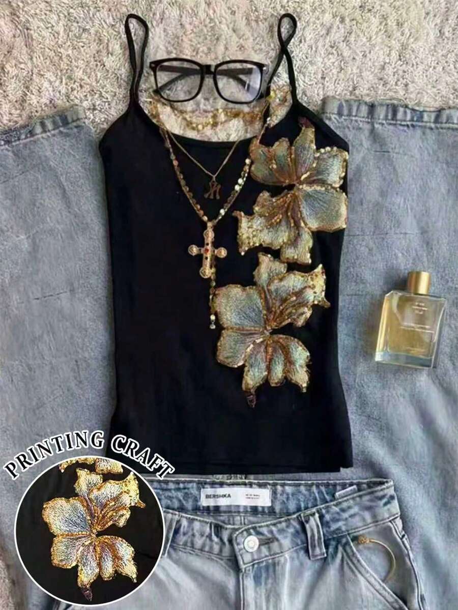 SHEIN Áo camo nữ cỡ lớn màu đen thêu hoa thanh lịch - màu đen - Xem 1