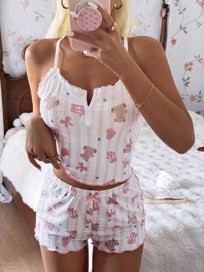 CottageSlumber Cartoon Bear & Bow Print Decor Frill Trim Cute Fitted Women Pajama Set