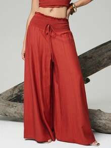 Hauture 女士性感度假风褶皱腰阔腿裤 - 棕色 - 查看 5