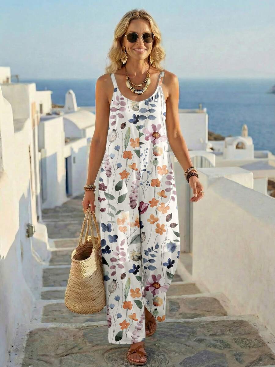 EMERY ROSE 女士休闲印花连体裤，百搭假日装 - 白色 - 查看 1