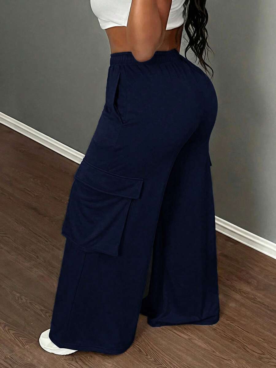 Slaydiva 休闲工装风口袋阔腿花卉灰色女裤-C 女士工作裤 女士工装裤 女士高个子阔腿工装裤 - 藏蓝色 - 查看 1