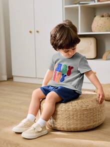 Cozy Pixies 2pcs Baby Boy Letter Pattern Knit Soft Crew Neck Short Sleeve Top And Elastic Waist Shorts Set,Kids - Multicolor - View 7