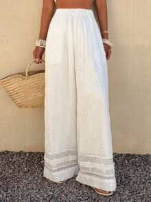 DAZY Women's Floral Embroidery Hollow Out Elastic Waist Casual Pants - White - View 5