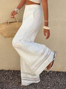 DAZY Women's Floral Embroidery Hollow Out Elastic Waist Casual Pants - White - View 6