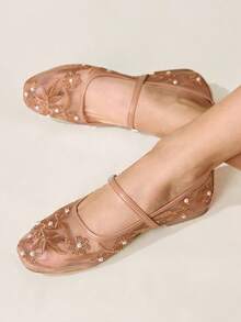 CUCCOO CHICEST 四季新款刺绣珍珠低帮方头平底鞋优雅时尚网面女式平底鞋软底芭蕾舞鞋优雅通勤玛丽珍鞋 - 棕色A - 查看 2