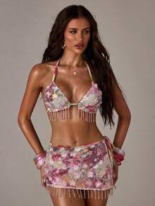 SHEIN BAE 女士性感露背系带水晶流苏网纱比基尼上衣，沙滩度假风 - 粉色 - 查看 6