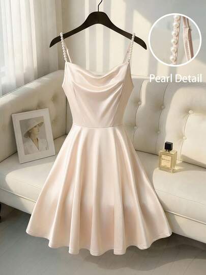 GlowEve 香槟色缎面高设计泡泡珍珠吊带收腰喇叭裙摆短款连衣裙，优雅迷人，适合情人节、复活节、劳动节、生日、约会、派对、正式场合、教师装、旅行、春夏穿着。