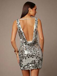 Silquee Women's Square Neck Sexy Glamorous Sequin Backless Elegant Dress - Silver - View 2