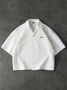 PAVTROS Men's Letter Print Single-Breasted Casual Short Sleeve Shirt - White - View 3