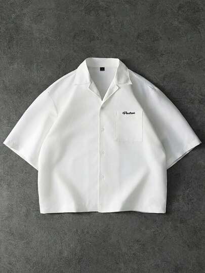 PAVTROS Men's Letter Print Single-Breasted Casual Short Sleeve Shirt